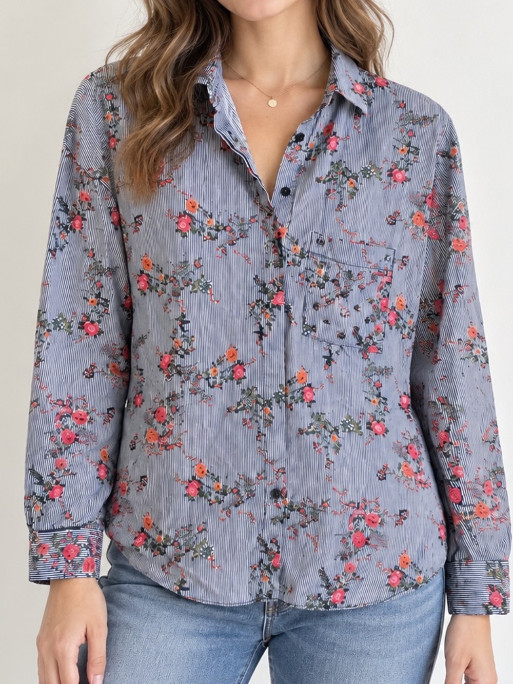 Zara Basic Collection Women’s Medium Floral Striped Button Down Shirt Blouse